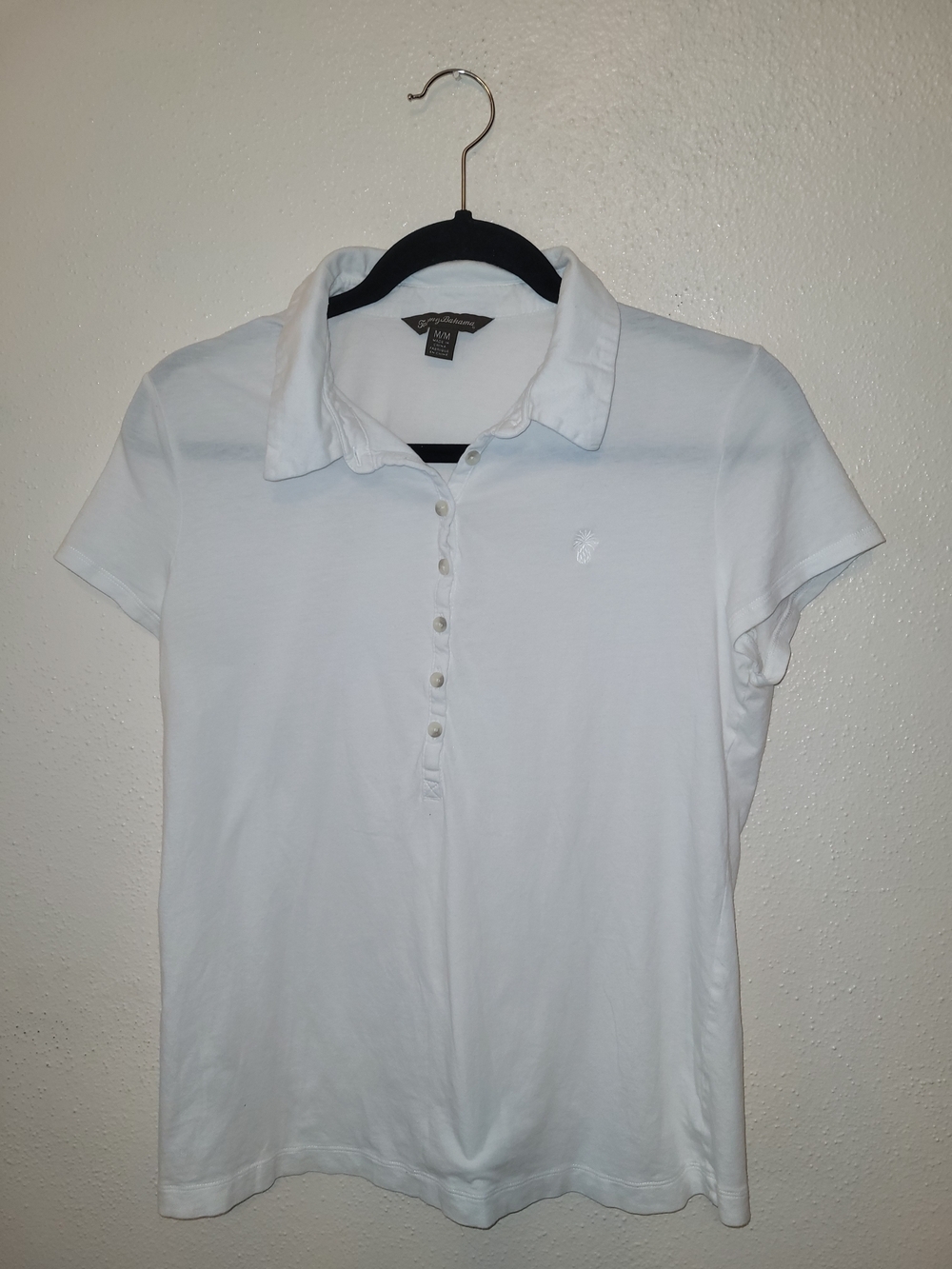 Tommy Bahama Women's White Embroidered Pineapple Polo Shirt Medium Classic Short